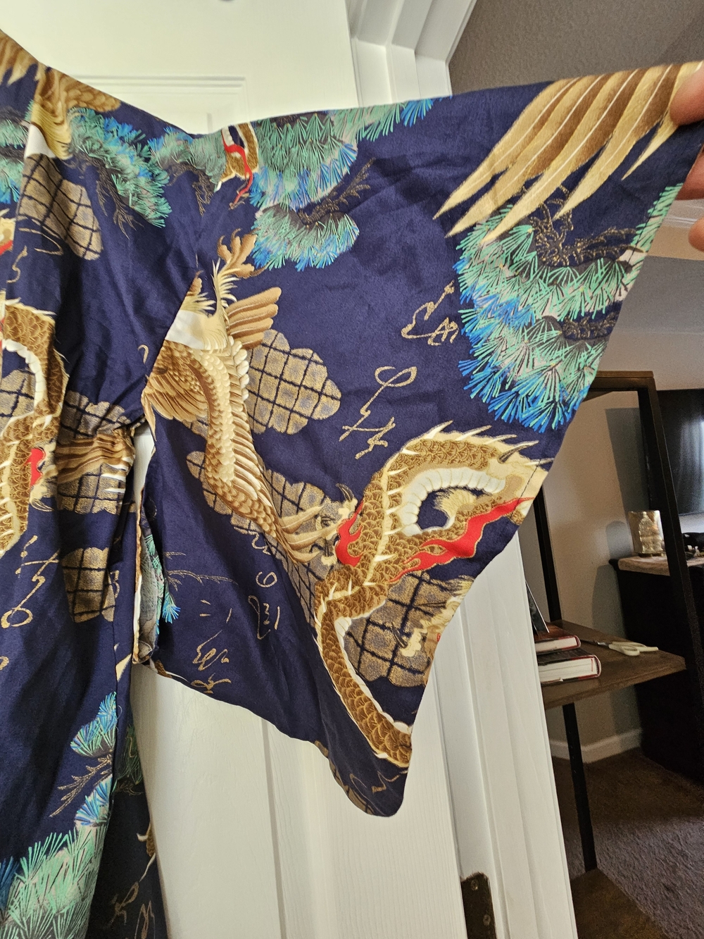 Women's Navy Dragon & Crane Printed Kimono Robe Witg Belt - Picture 6 of 6
